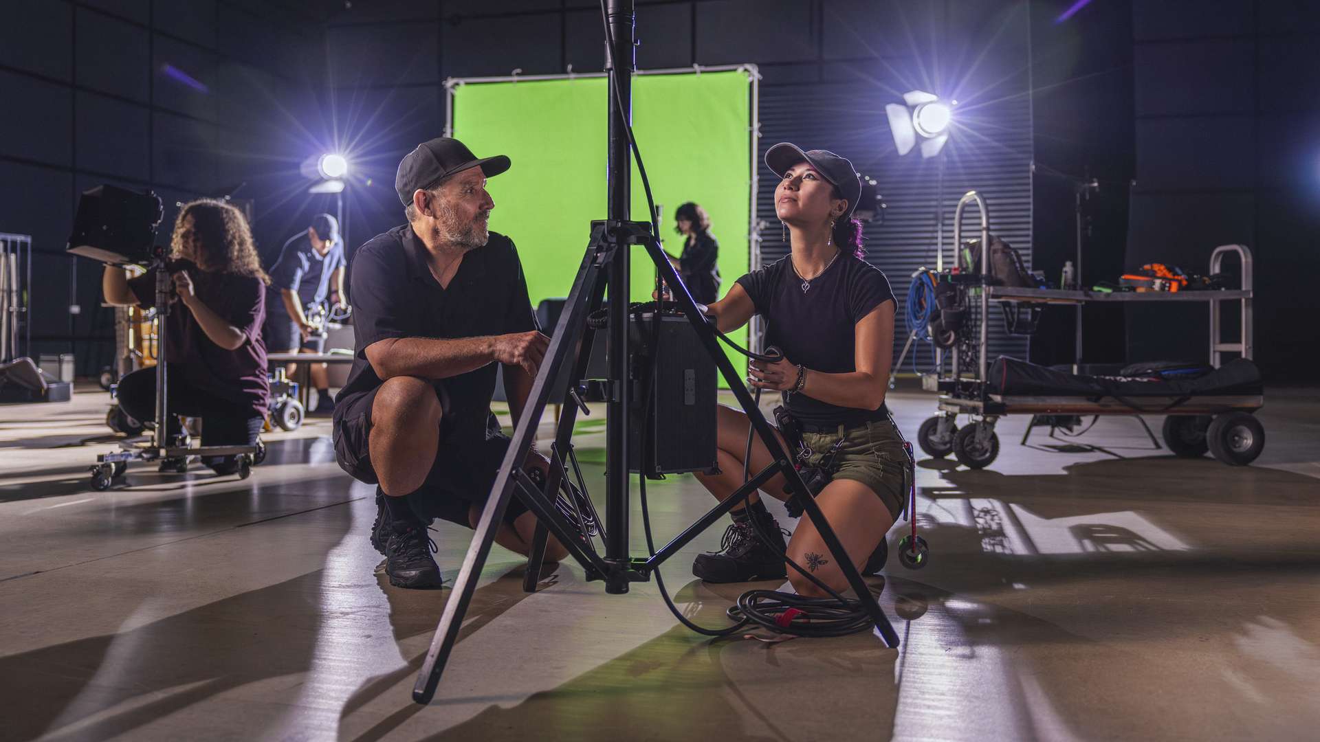 Film crew working to get a film set ready