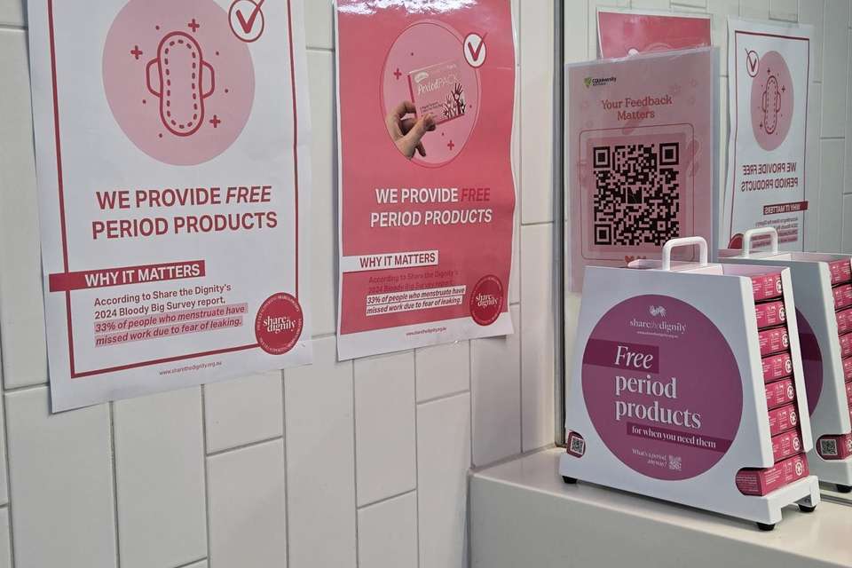 A bathroom sink and mirror, with pink posters on the wall and free period products dispenser.