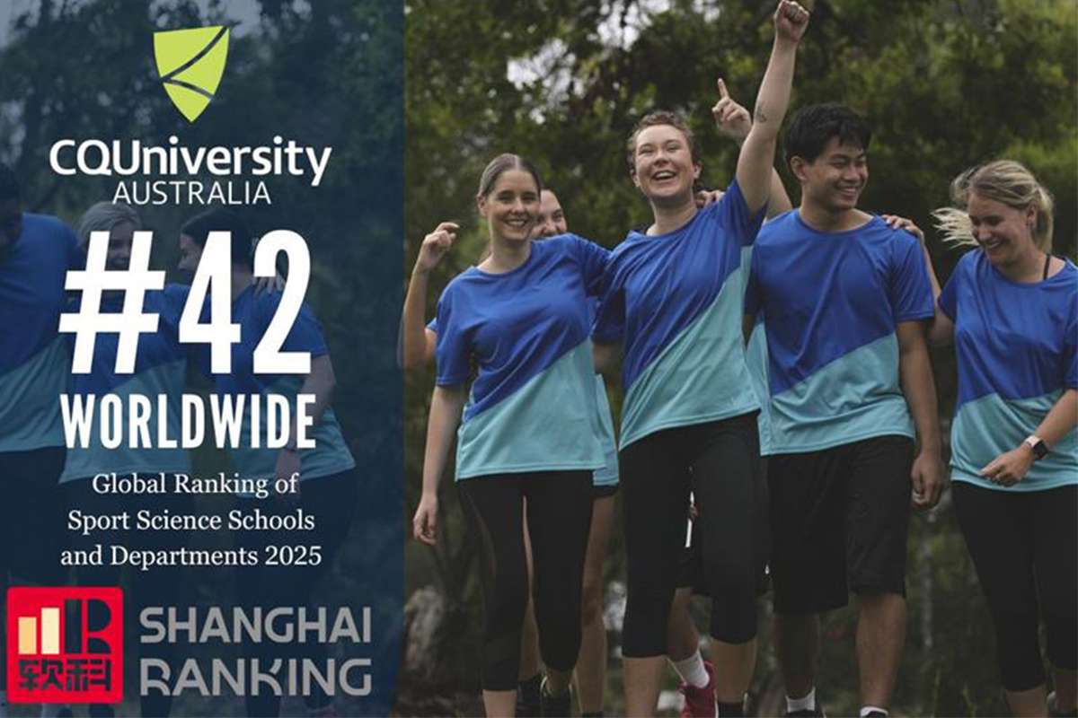 People in a sports team wear blue shirts, smile and celebrate. Text reads CQUniversity Australia #42 Worldwide Global Ranking of Sport Science Schools and Departments 2025