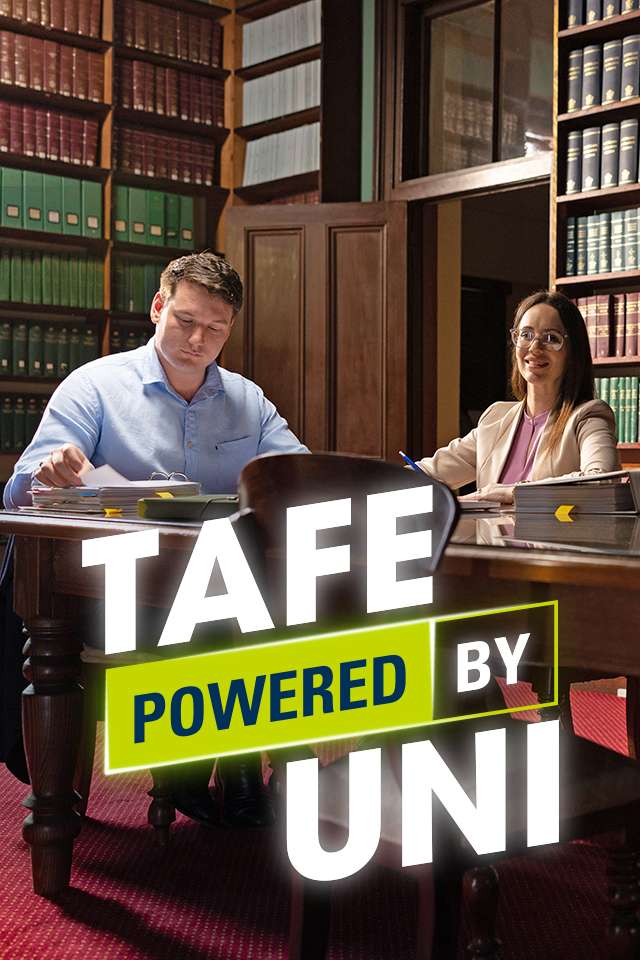 TAFE Powered by Uni poster featuring two law students studying in a library