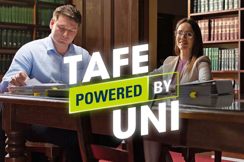 TAFE Powered by Uni poster featuring two law students studying in a library