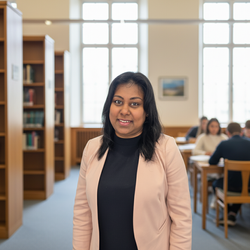 Upmali Amarakoon smiling for the camera in a library