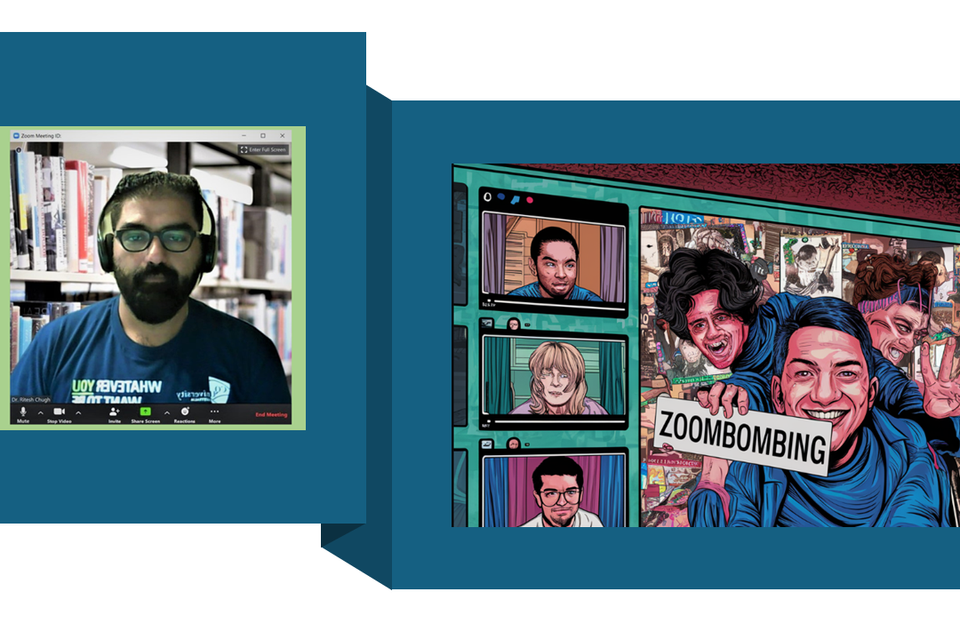 Ritesh in a Zoom meeting screen with a cartoon picture of a Zoom call as someone holds a Zoombombing sign